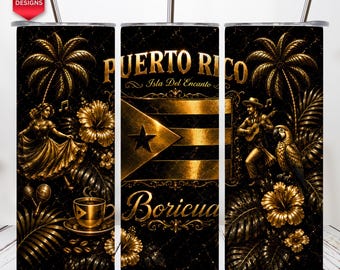 May include: A black cylindrical tumbler with a metallic gold design featuring the Puerto Rico flag, palm trees, hibiscus flowers, a person dancing, a person playing a guitar, a parrot, a coffee cup, and the text Puerto Rico Isla Del Encanto Boricua.