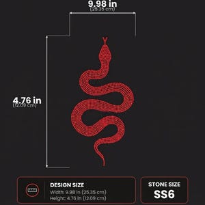 May include: A red rhinestone snake design on a black background. The design measures 9.98 inches in width and 4.76 inches in height. The text indicates a stone size of SS6. The snake is depicted in a coiled, vertical orientation.