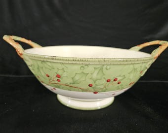 Vintage Lenox Holiday Gatherings Holly Keramik Serveringsskål Med Handtag Krämgrön 25 cm Jul Utmärkt Inga Nagg, Repor eller Sprickor