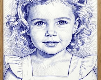 Custom Hand Drawn Portrait Sketch | Blue Ballpoint Pen Family, Pet Artwork