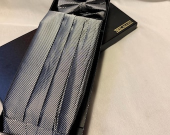 Classic Formal Pleated Cummerbund & Bow Tie Set in Silver Stripe (Neil Allyn)