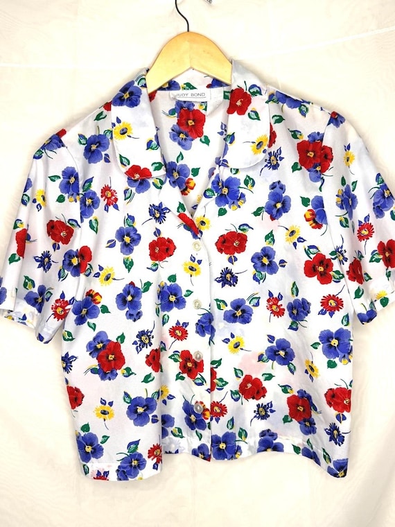 Judy Bond 1970s Pansy Floral Button Front Blouse Size 8