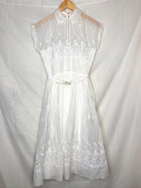 1950s Embroidered Organza Wedding Dress Handmade Tea Length Reception Dress