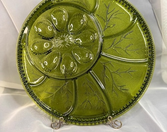 Indiana Glass Laurel Leaf Avocado Green Divided Relish Tray 13” MCM