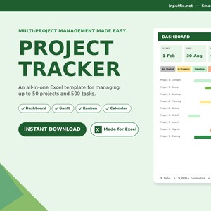 Könnte beinhalten: Eine grün-weiße Grafik, die eine Projekt-Tracker-Vorlage bewirbt. Der Text lautet "PROJECT TRACKER" und "Eine All-in-One Excel-Vorlage zur Verwaltung von bis zu 50 Projekten und 500 Aufgaben." Enthält eine Dashboard-Grafik.