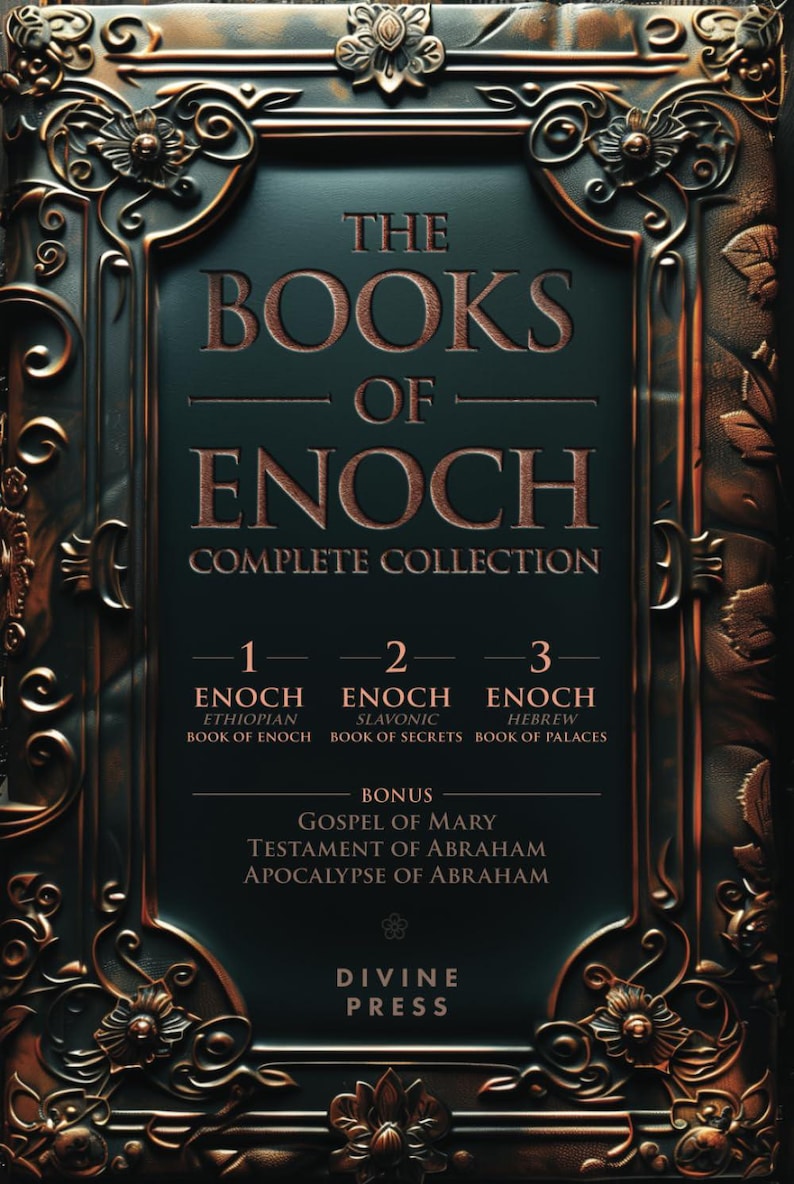 K&ouml;nnte beinhalten: Eine vollst&auml;ndige Sammlung von "The Books of Enoch" in einem dunkelgr&uuml;nen und bronzefarbenen Design. Das Cover zeigt verzierte Blumen- und Scrollarbeiten mit dem Text "Complete Collection" und "Divine Press".