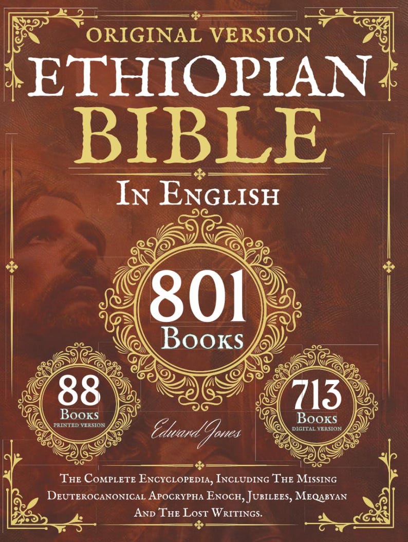 May include: A book cover with the title "Ethiopian Bible" in gold lettering. The cover includes the text "In English" and the number "801 Books" in a decorative circle. Additional text indicates 88 printed books and 713 digital books.
