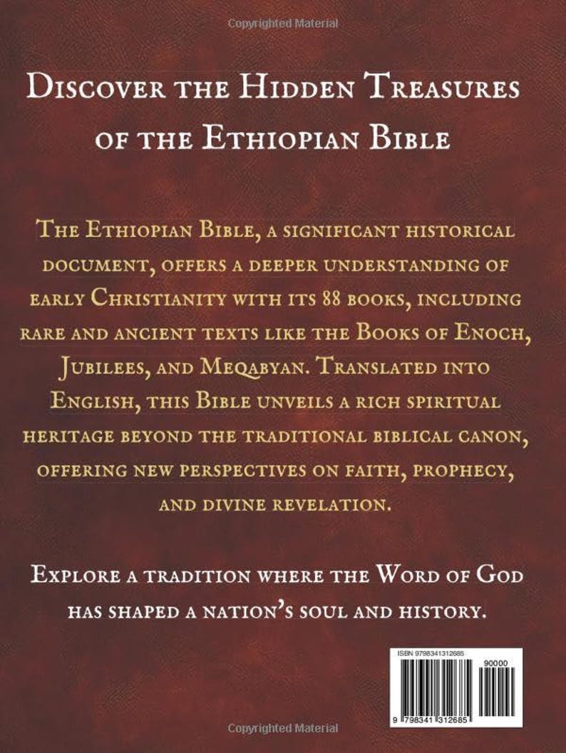 May include: A book cover with the title "Discover the Hidden Treasures of the Ethiopian Bible." The text describes the historical significance of the Ethiopian Bible, its 88 books, and its spiritual heritage. The cover has a dark red background.