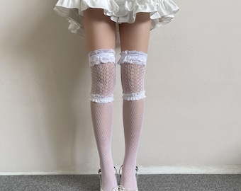 White Double Ruffle Fishnet Socks Lace Band Two Tone Socks Kawaii Lolita Coquette Balletcore Knee High or Thigh High Gift for Her