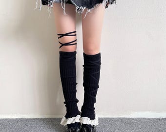 Leg Warmers Knit Lace Up Ribbon Tie Ruffle Trim Ballet Style Cozy Legwear