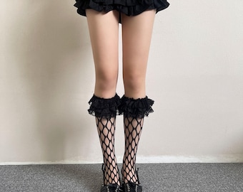 Fishnet Socks Ruffle Lace Cuff Crew Length Open Weave Sexy Sweet Hosiery