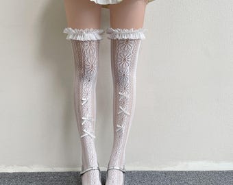 Lace Ruffle Top Thigh High Stockings Women Bow Detail Over the Knee Lolita JK Stockings Floral Openwork Lace