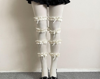 Tights Ribbed Opaque Ruffle Bow Trim Tiered Garter Look Coquette Hosiery