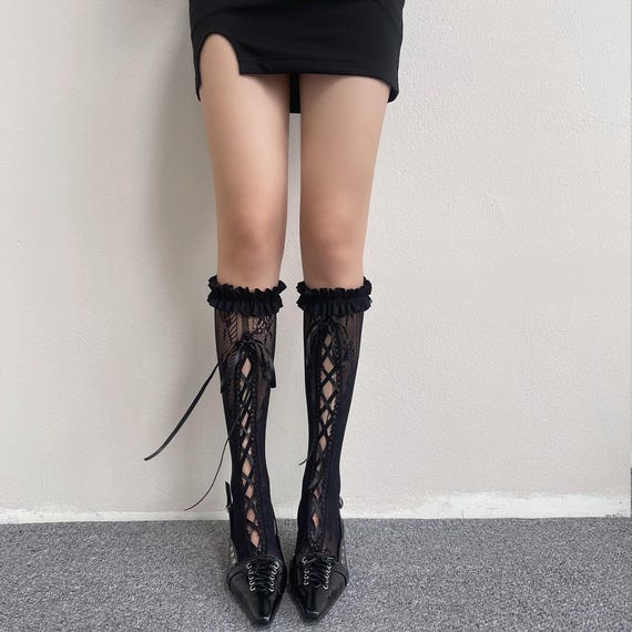 Lace Up Knee High Socks Y2K Ruffle Top Socks Coquette Lace Socks Balletcore Knee Socks Sheer Mesh Socks Women Cottagecore Socks Gift for Her