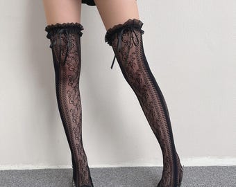 Thigh High Stockings Floral Lace Bow Ruffle Fishnet Over Knee Stretch Hosiery
