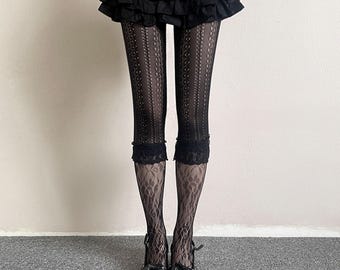 Black Lace Panel Tights Women Mixed Pattern Sheer Hosiery Gothic Lolita Tights Dark Academia Coquette Runway Style Floral Tights