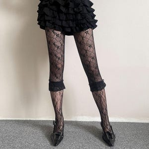 Fishnet Tights Patchwork Floral Lace Ruffle Knee Trim Designer Sheer Black Pantyhose
