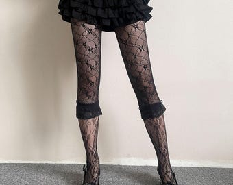 Fishnet Tights Patchwork Floral Lace Ruffle Knee Trim Designer Sheer Black Pantyhose