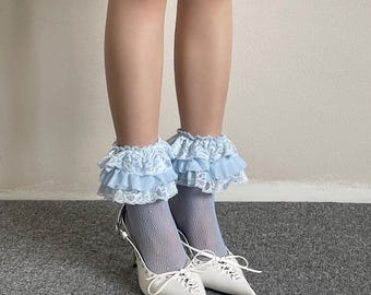 Blue Ruffle Lace Ankle Socks Fishnet Frilly Socks Women Kawaii Lolita Coquette Socks Y2K Aesthetic Layered Lace Socks Gift for Her