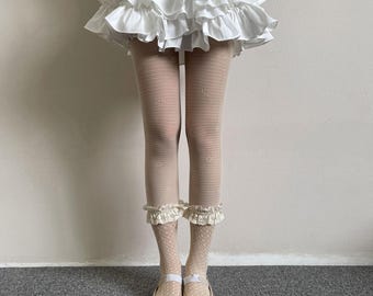 Fishnet Tights Ivory Lace Ruffle Knee Trim Patchwork Sheer Coquette White Pantyhose