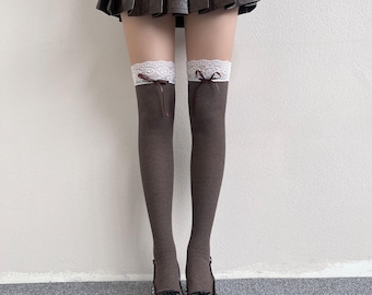 Lace Top Thigh High Socks Women Ribbed Over the Knee Socks with Bow Cottagecore Socks Y2K Aesthetic Socks