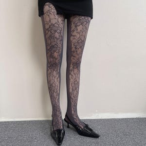 Grey Rose Lace Tights Women Two Tone Floral Fishnet Tights,Gothic Coquette Dark Academia Editorial Aesthetic Tights Gift for Her