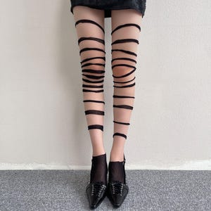 Ripped Fishnet Tights Women Distressed Shredded Stockings Y2K Grunge Aesthetic Dark Coquette Cutout Thigh High Hosiery Punk Gift Black