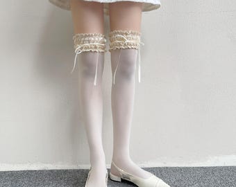 Thigh High Stockings Lace Ribbon Tie Over Knee Sheer Stretch Maid Hosiery