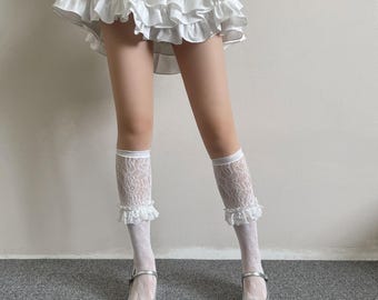 White Lace Panel Ruffle Socks Sheer Botanical Lace Knee High Crew Socks Coquette Aesthetic Socks Bridal Socks Lolita Socks Y2K Socks