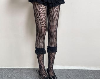 Fishnet Tights Geometric Web Patchwork Lace Ruffle Knee Trim Gothic Sheer Black Pantyhose