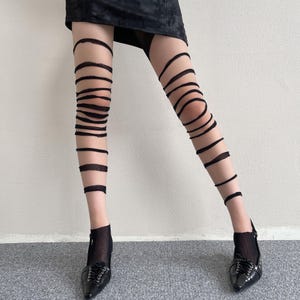 Ripped Fishnet Tights Women Distressed Shredded Stockings Y2K Grunge Aesthetic Dark Coquette Cutout Thigh High Hosiery Punk Gift image 1