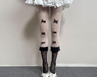 White Fishnet Tights with Black Bow Lace Splice Tights Coquette Tights Bow Tights Y2K Tights Dark Romantic Tights Balletcore Hosiery