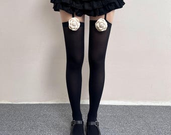 Tights Opaque Velvet Garter Strap Camellia Flower Thigh High Look Y2K Hosiery