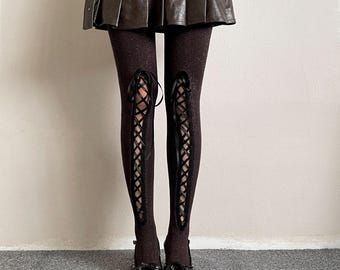 Tights Lace Up Cutout Ribbon Tie Glitter Herringbone Opaque Ballet Core Hosiery