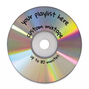 May include: A circular compact disc with a reflective, iridescent surface. The disc features black printed text that reads: your playlist here, custom mixtape, and up to 80 minutes. The center of the disc has a clear, circular hole.