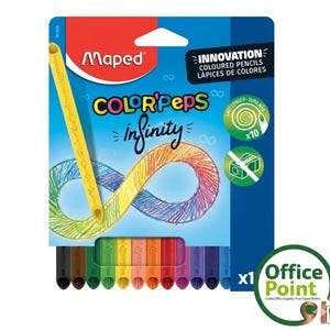 May include: A pack of Maped Color'Peps Infinity coloured pencils. The packaging is blue and red, with the text "INNOVATION COLOURED PENCILS LÁPICES DE COLORES". The pencils are in a rainbow of colours, with a yellow pencil on the left.