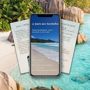 Peut inclure: Un smartphone affiche un guide de voyage "12 jours aux Seychelles" avec des informations sur les plages et la nature. Le téléphone est entouré de notes imprimées, sur fond de plage tropicale avec palmiers et eau turquoise.