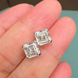 White Asscher Cut Moissanite Stud Earrings, 7 MM, 925 Sterling Silver, Push Back