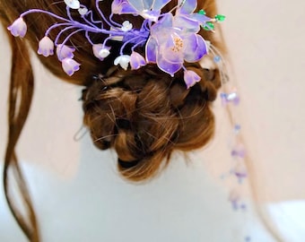 樹脂製フラワーヘアピン、ユリのタッセル付き、青と紫