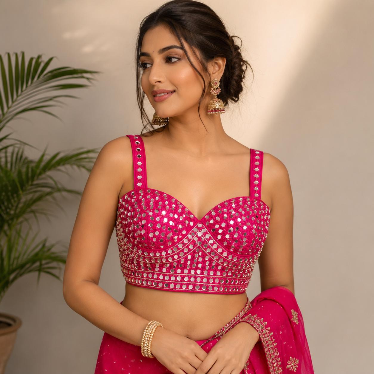 Silk Mirror Work Blouse, Indian Saree Choli, Padded Festive Crop Top