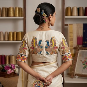 May include: An off-white blouse featuring intricate embroidery of two facing peacocks on the back, with matching peacock motifs on the sleeves and floral patterns at the cuffs. The blouse is paired with a plain off-white garment and a hand mirror.