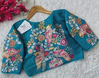 Madhubani Hand-Painted Readymade Saree Blouse, Parrot Design, Indian Ethnic Wear, Silk Blouse