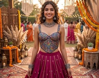 Peut inclure: Un ensemble deux pièces composé d'un haut corset à décolleté en cœur avec un motif cachemire multicolore et d'une jupe longue magenta unie avec des broderies dorées verticales et des accents métalliques, accompagné d'un collier et de boucles d'oreilles.
