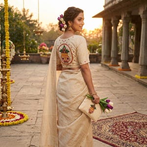May include: A cream-coloured saree featuring a short-sleeved blouse with a circular embroidered kalash pot design on the back. The matching cream-coloured clutch bag also displays the same embroidered kalash pot motif, held alongside a bouquet of tulips.