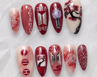 Unhas Postiças BTS | Unhas Postiças Kpop Flor de Cerejeira | Unhas Postiças Acrílicas com Efeito Mármore Vermelho e Army Bomb, Unhas Personalizadas Estilo Coreano para Colar