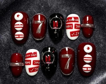 BTS Army Forever « 7 » Nails - Ongles Kpop de luxe personnalisés - Art d'ongles 3D rouge et noir