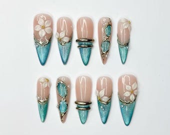 Luxury Mermaidcore Press On Nails | 3D White Flower Pearl Nail Art | Teal Cat Eye French Tip Nails | Elegant Stiletto Reusable Fake Nails