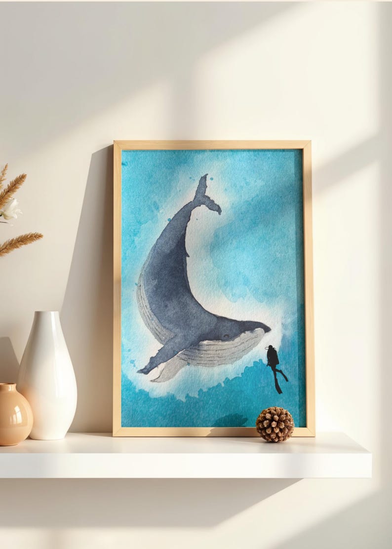 Humpback Whale Watercolor Art Print | Minimalist Ocean Diver Coastal ...