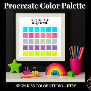 May include: A framed Procreate color palette print with the text "Y2K Pool Party inspired" and a grid of colorful squares. A green star, rainbow, and pink cup with markers are on a white shelf. The text "Neon Kiss Color Studio - Etsy" is at the bottom.