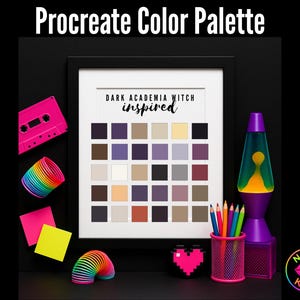 May include: A framed Procreate color palette titled "Dark Academia Witch Inspired" with a grid of color swatches. The image includes a pink cassette tape, a rainbow slinky, sticky notes, a lava lamp, colored pencils, and a pixel heart.